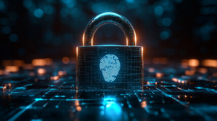 Glowing padlock with fingerprint symbolizing cybersecurity