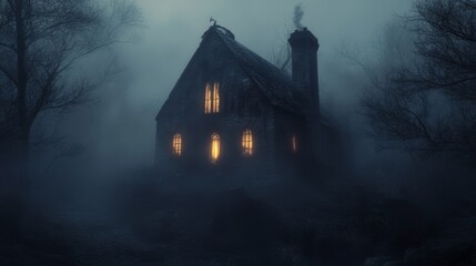 A Mysterious Stone House with Glowing Windows in a Foggy Forest at Night
