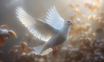 A majestic white dove takes flight in a serene, sunlit forest, wings outstretched as it gracefully navigates through a dreamlike autumn landscape at dawn