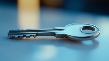 Closeup of a metal key on a blue surface.