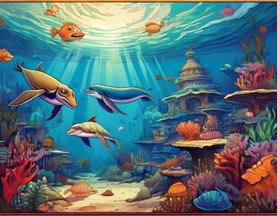 Underwater World- Illustration featuring a diverse group of sea creatures- a wise old turtle, a curious dolphin, a mischievous octopus- going on fun adventures and solving problems in underwater city 