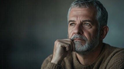 Obraz premium A man with a serious expression rests his chin on his hand, lost in thought in a softly illuminated space. Generative AI
