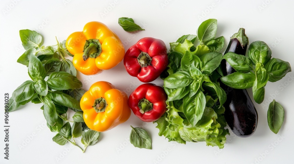 Poster Fresh and vibrant vegetables are displayed beautifully. Bright yellow and red bell peppers are arranged with fresh basil and leafy greens. Perfect for healthy cooking or gardening inspiration. AI