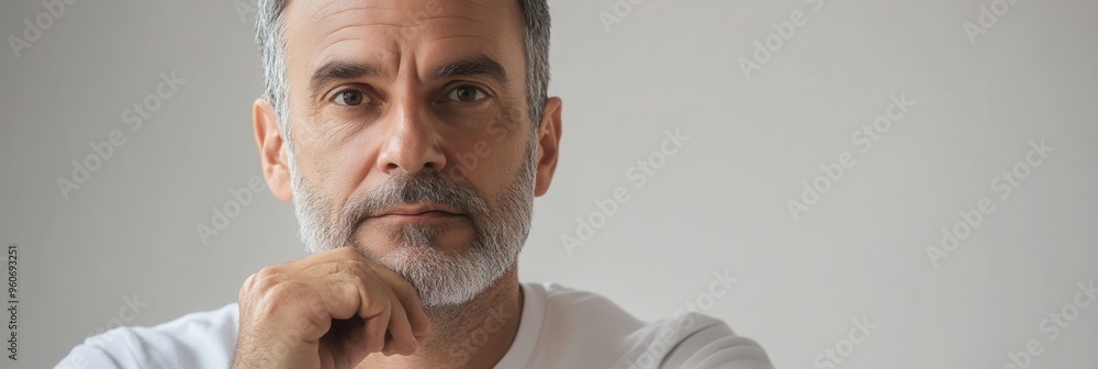 Aufkleber the man reflects deeply while resting his chin on his hand, displaying a serious expression in a cal