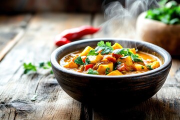 Delicious vegetable curry with tender potatoes and vibrant spices, garnished with fresh herbs, creating an inviting experience bursting with flavor
