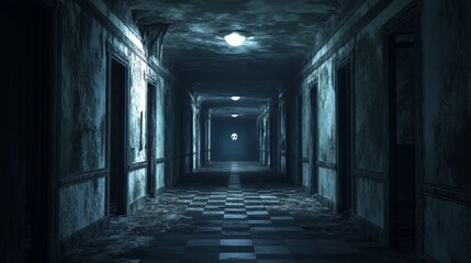 A Creepy, Dark Hallway With Spooky Lights and Moldy Walls