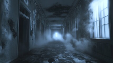 Fototapeta premium A Foggy and Eerie Hallway in an Abandoned Building