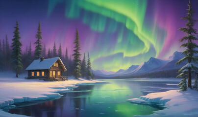 Fototapeta premium Mesmerizing northern lights over a snow-covered lake and a cozy forest cabin
