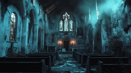 Fototapeta premium Eerie Interior of an Abandoned Church with Fog and Broken Windows