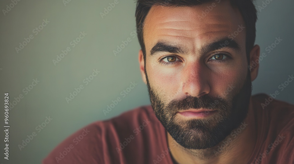 Poster a man displays a serious expression, lost in thought, while sitting indoors in a softly illuminated 