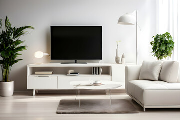 Fototapeta premium Modern interior living room with sofa, coffee table and lcd tv 