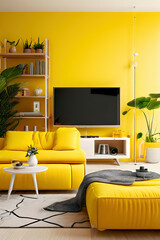 Modern interior living room with sofa, coffee table and lcd tv	