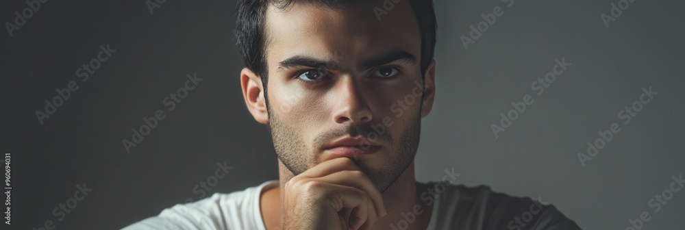 Aufkleber A young man sits quietly, deep in thought with a serious expression, contemplating his next move in an intimate, softly lit setting. Generative AI