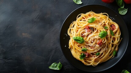 Appetizing plate of spaghetti with tomatoes and basil leaves on a stone background. National Spaghetti Day. Horizontal banner. free space for text. Italian food