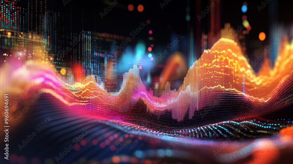 Poster abstract digital landscape with wavy lines and bokeh lights