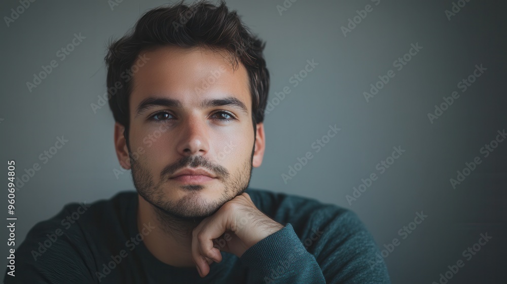 Aufkleber a man with a serious expression rests his chin on his hand, lost in deep thought while seated in a c