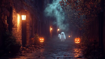 Foggy Halloween Street with Ghosts and Jack-o'-Lanterns