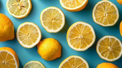 Fototapeta premium Sliced lemons arranged on turquoise background. Bright citrus pattern with whole and cut lemons. Summer fruit concept for background, marketing, banner, or food blog design. Fresh and vibrant colors