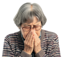 PNG  Elderly woman sneezing, feeling unwell