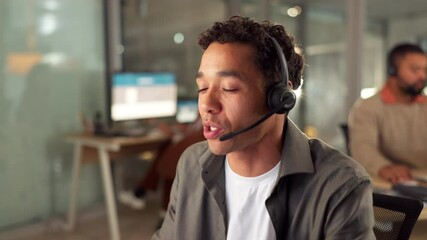 Customer service, discussion and man agent in office with crm, call center or inbound contact. Communication, technical support and male travel consultant with headset for online hospitality client. - Powered by Adobe