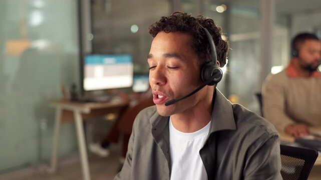 Customer service, discussion and man agent in office with crm, call center or inbound contact. Communication, technical support and male travel consultant with headset for online hospitality client.