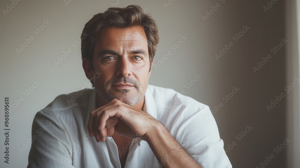 Aufkleber A man with an introspective expression sits in a warmly lit space, deep in thought as shadows play across his face. Generative AI