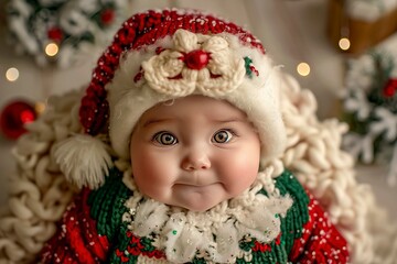 Baby Wearing Festive Holiday Sweater and Hat With Joyful Expression in Cozy Winter Setting