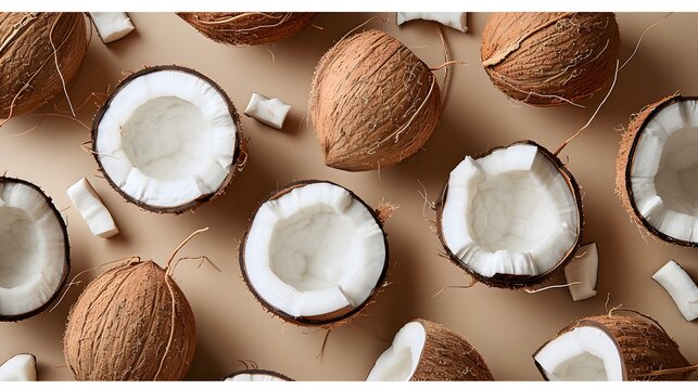 Coconut halves and pieces arranged on beige background. Tropical coconut pattern for summer food concept, banner, or marketing material. Fresh coconut design with a natural rustic aesthetic.