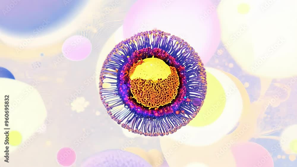 Poster microscopic view of a vibrant cell or virus structure with intricate details on a colorful backgroun