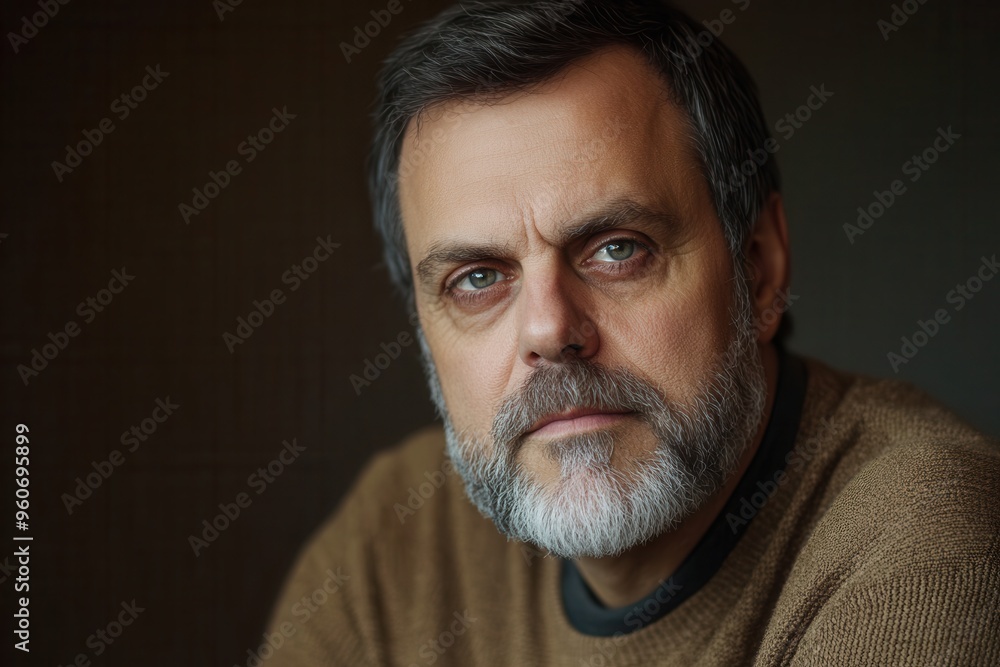 Aufkleber A man with a beard displays a serious and thoughtful expression, lost in contemplation in a soft-lit indoor setting. Generative AI