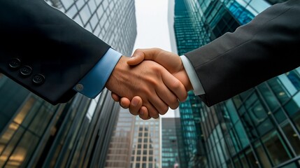 businessman shaking hands after successful deal with city in background