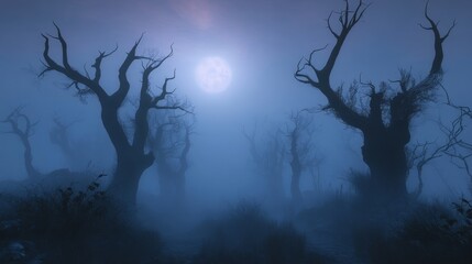 A Foggy Forest with Twisted Trees and a Full Moon