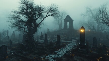 Eerie Foggy Graveyard with Glowing Lights and Stone Structures