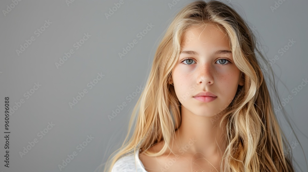 Wall mural young teenage woman girl with blonde hair isolated on gray