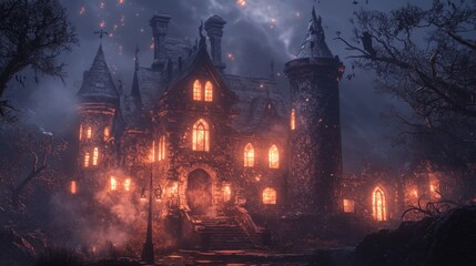 Fototapeta premium Eerie Gothic Castle Illuminated by Firelight