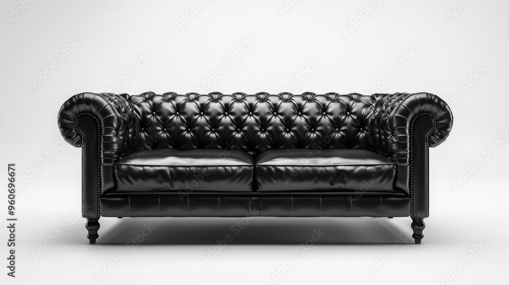 Wall mural black leather sofa in front view on white backdrop.