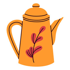 Autumn vintage yellow teapot with a red branch. Isolated on white background. The teapot features a dark handle and spout. Retro style. Perfect for cozy kitchen-themed designs.