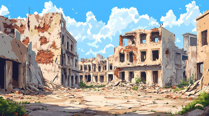 Post-war urban landscape with bombed out buildings. Ancient Ruins. Illustration