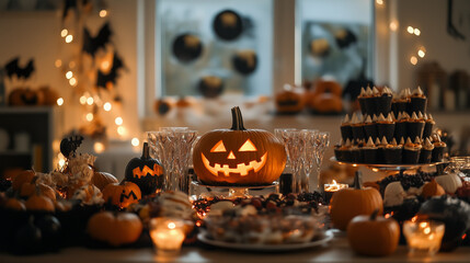 Fototapeta premium pumpkin and the other decoration for halloween party on the table at home