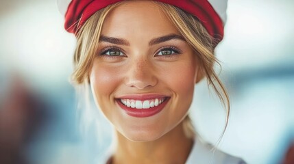 Naklejka premium A cheerful young woman in a red and white hat smiles warmly, captivating the atmosphere around her