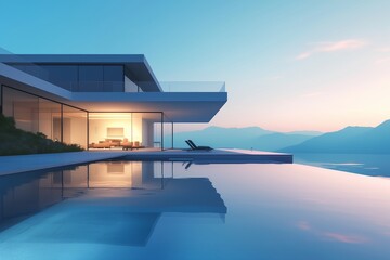 Fototapeta premium Luxury vacation villa with infinity pool at sunset