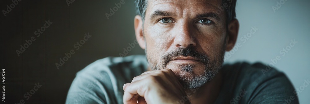 Poster a man with a serious expression rests his chin on his hand while deep in thought in a softly lit ind