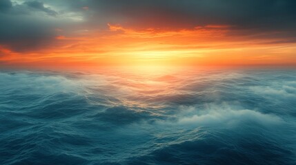 A vibrant sunset illuminates the ocean waves while dark clouds gather, enhancing the evening's dramatic atmosphere