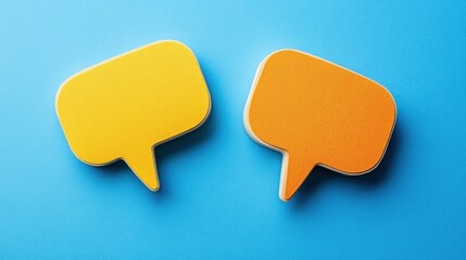 Two bold speech bubbles, one yellow and one orange, sit on a bright blue backdrop, symbolizing dialogue and interaction