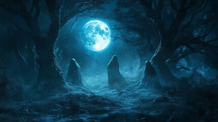 Fototapeta premium Three Figures Stand in a Mystical Forest Underneath a Full Moon