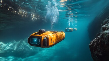 Team of marine archaeologists using autonomous underwater vehicles AUVs to explore a sunken ancient city