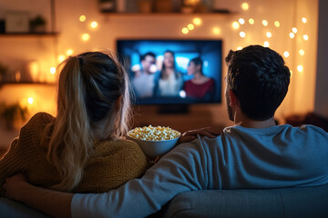 Young couple cuddling on sofa, watching a streaming show on smart TV, popcorn bowl nearby