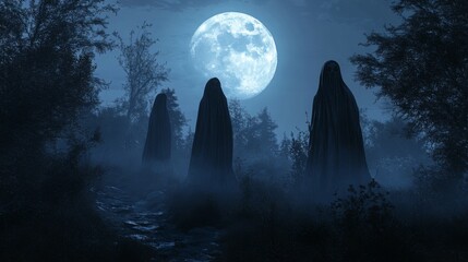 Three Hooded Figures Stand in a Foggy Forest Under a Full Moon