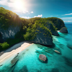 beautiful islands with turquoise water, lush green forest  and rocky cliffs