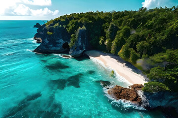 beautiful islands with turquoise water, lush green forest  and rocky cliffs